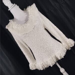 NWOT! LISA INTERNATIONAL! CREAM RIBBON WOVEN & FRINGED L/S SWEATER! SZ PL